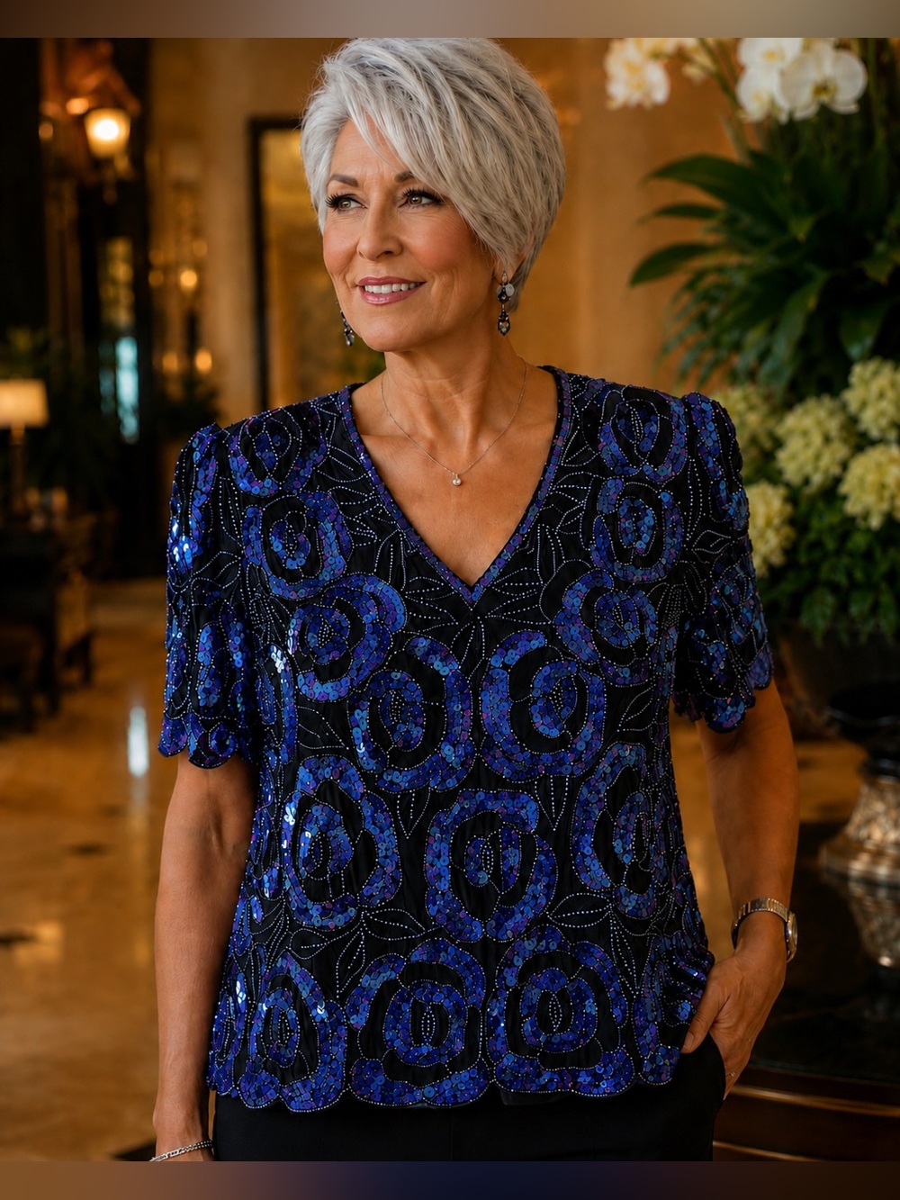 Vintage Milano Beaded Sequin Floral Evening Top Black Blue M Cocktail Evening